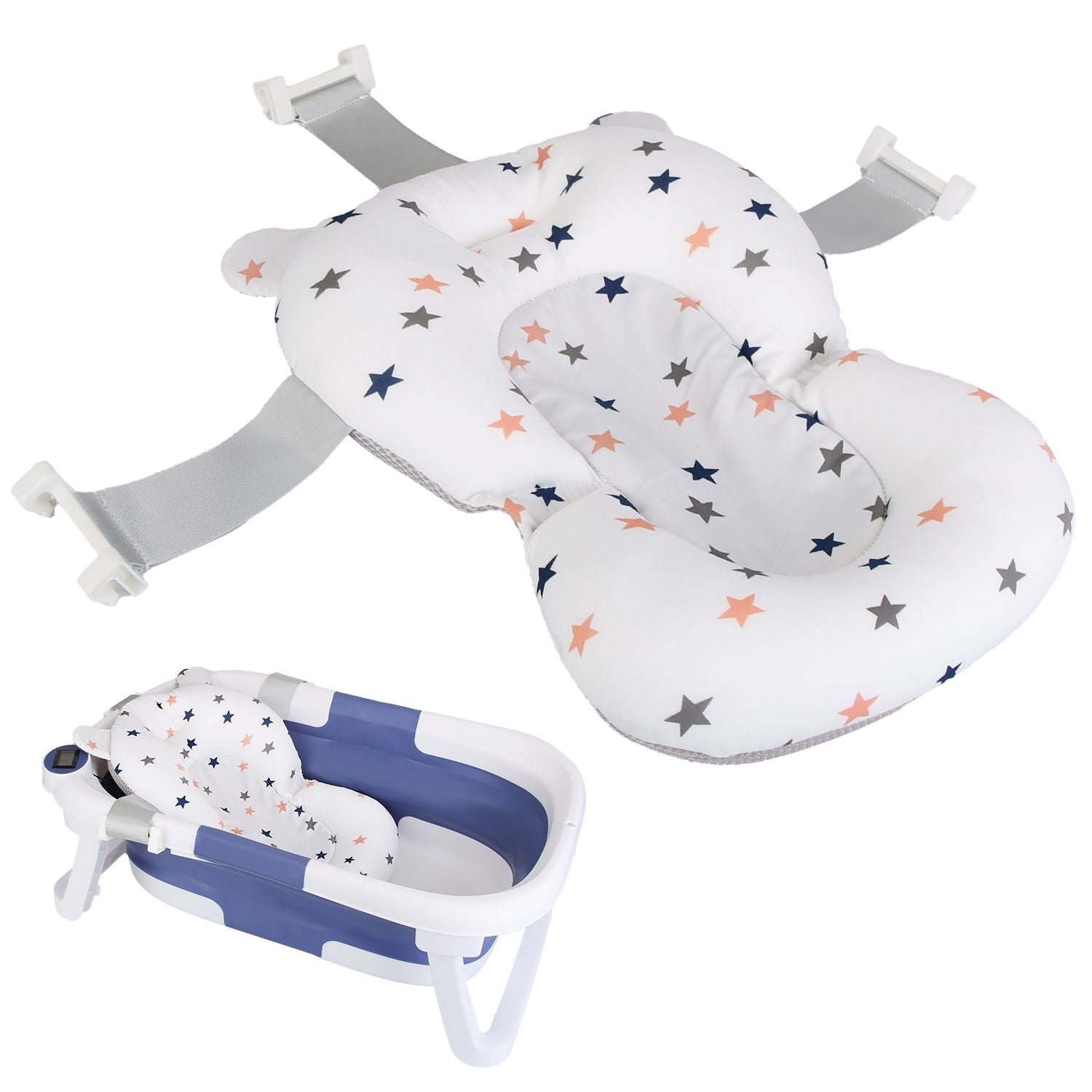 Baby Bath Cushion Mat for Foldable Baby Bathtub with Built-in Thermometer