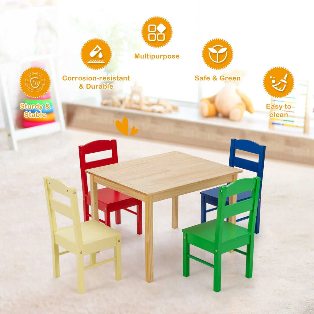 5 Pcs Kids Pine Wood Multicolor Table Chair Set