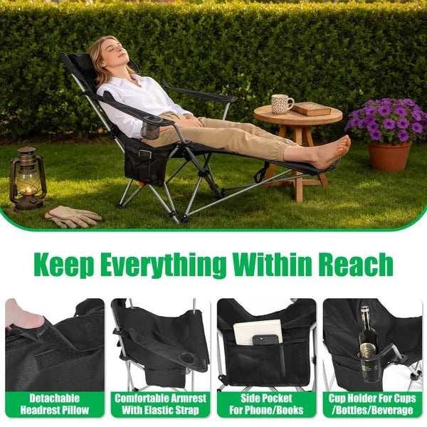 Reclining Camping Chair With Footrest 4-Position Adjustable Outdoor Folding Chair Heavy Duty Portable Camping Lounge Chair With Headrest Cup Holder & Side Pocket For Outdoor Beach Patio Travel