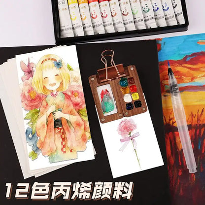 WEIQUEENpaint box Walnut Raw Material Box Mini Portable Drawing Board Travel Sketching Carry-on Walnut Box with Grid Set